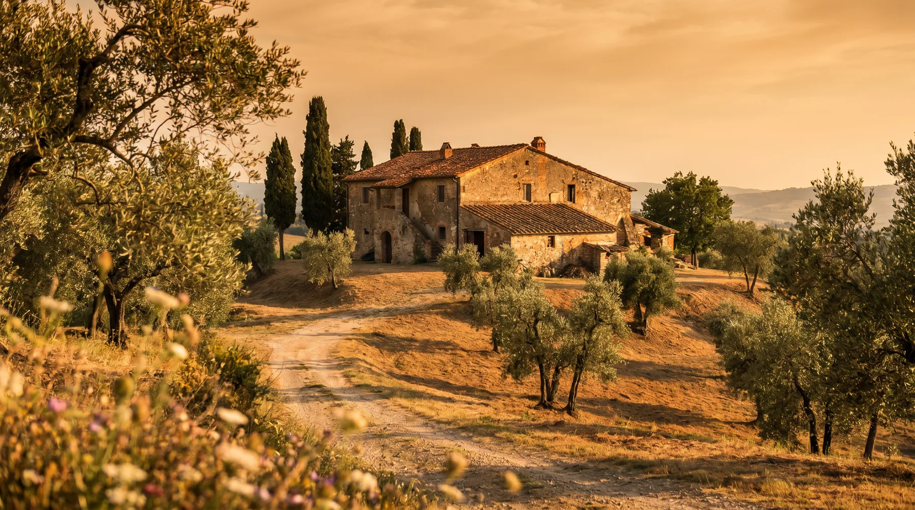 Stone farmhouse among olive groves at golden hour