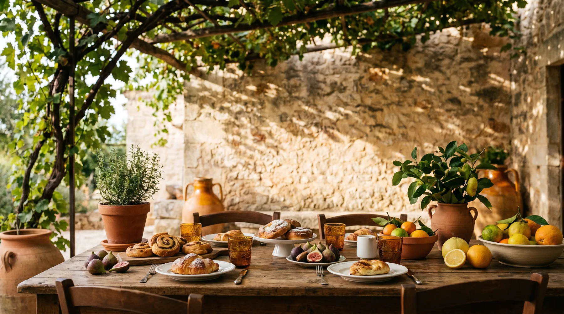Colazione sotto la pergola con dolci e agrumi