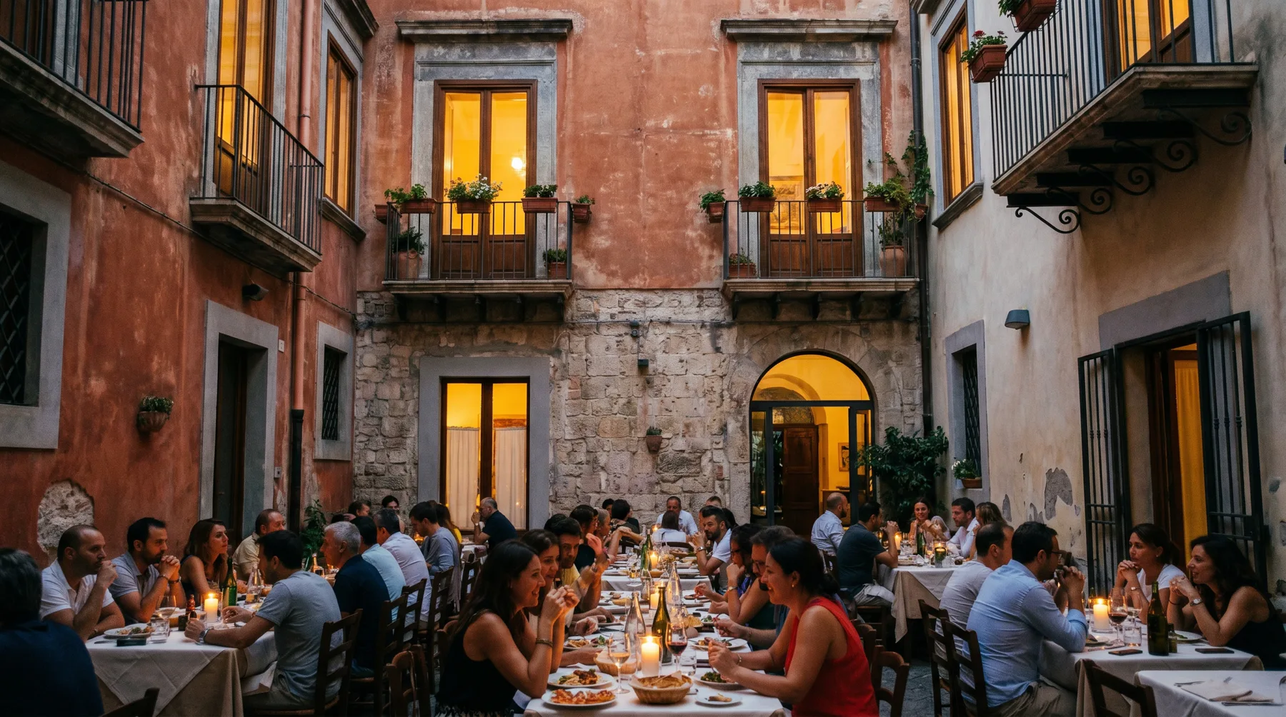 Palazzo inner courtyard with tables and balconies