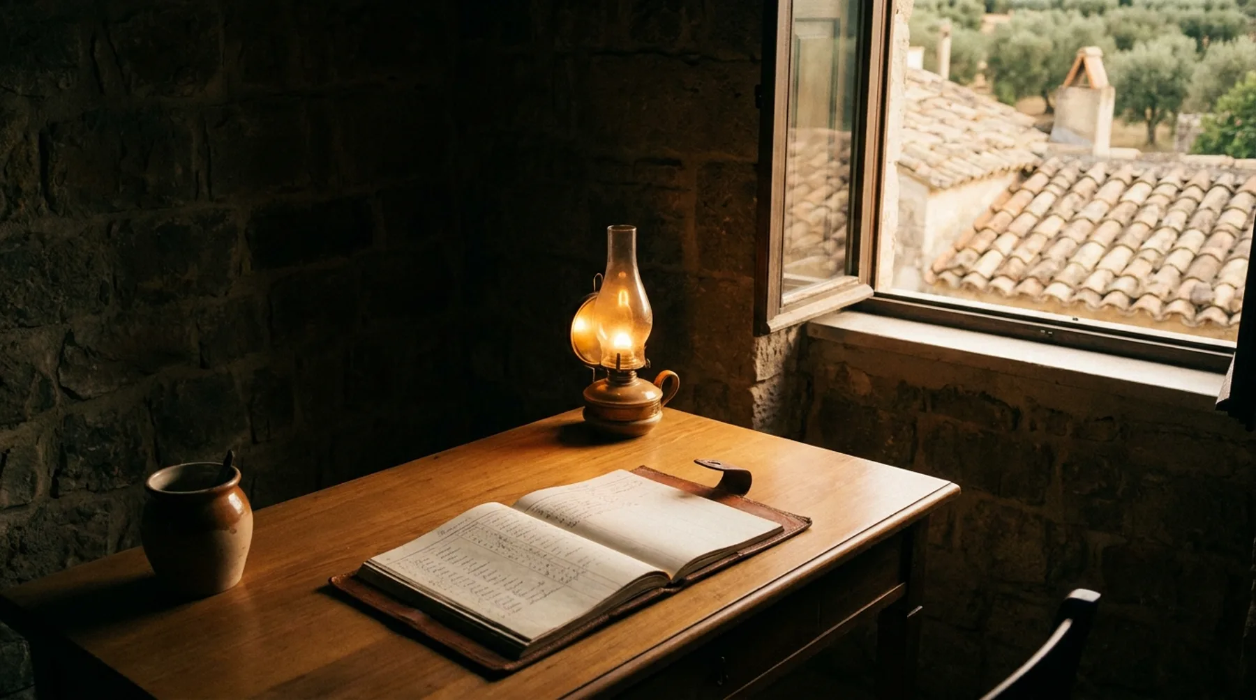 Lampada su una scrivania ordinata con un registro aperto
