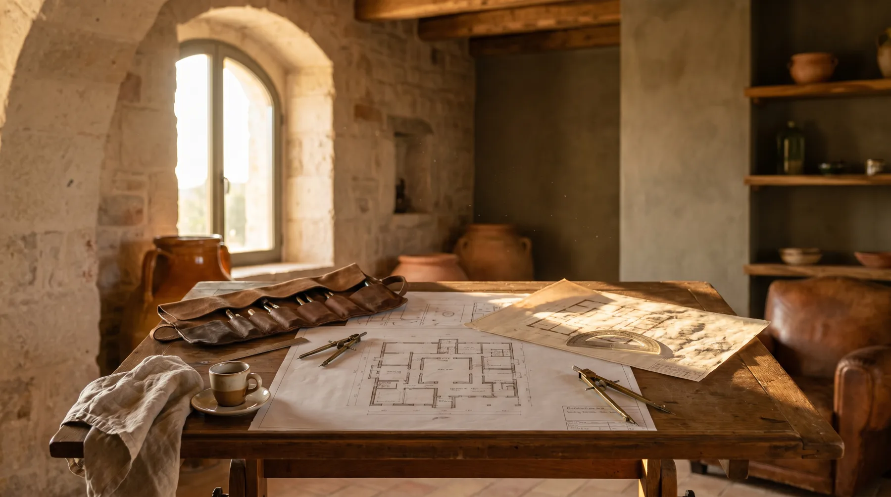 Tavolo da disegno con piante di una masseria e strumenti in ottone