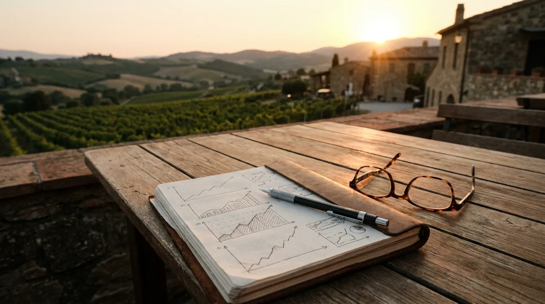 Notebook with hand-drawn charts on a terrace