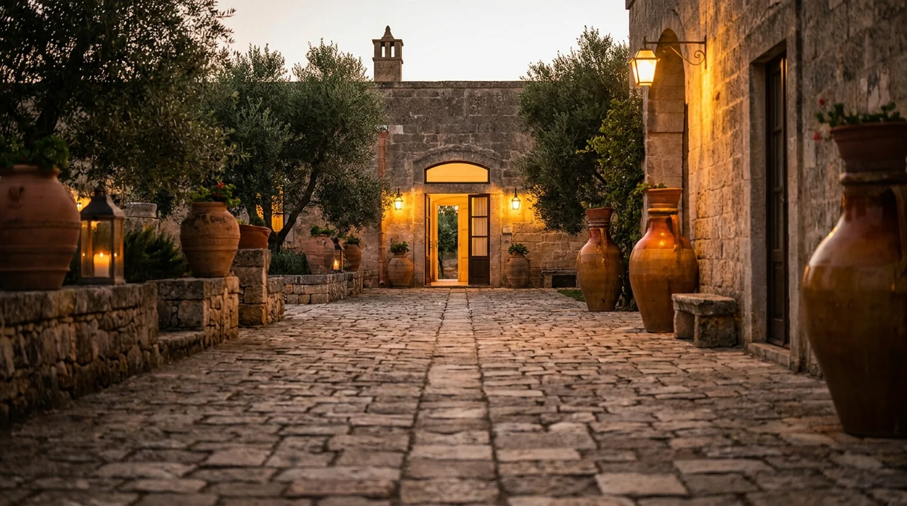 Sentiero in pietra verso una porta illuminata al crepuscolo