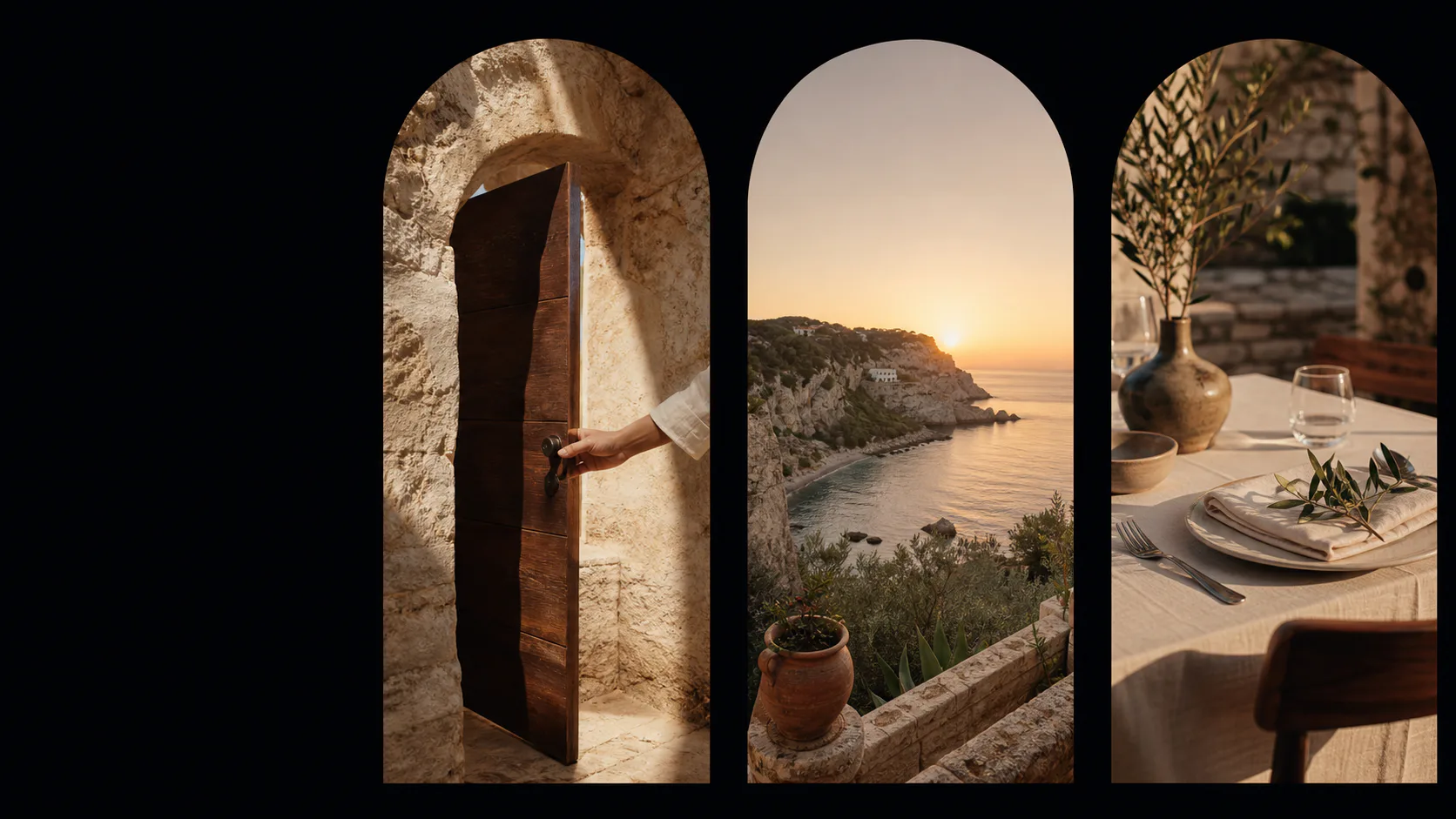 Tre scorci del Sud Italia: porta in pietra, costa e tavola